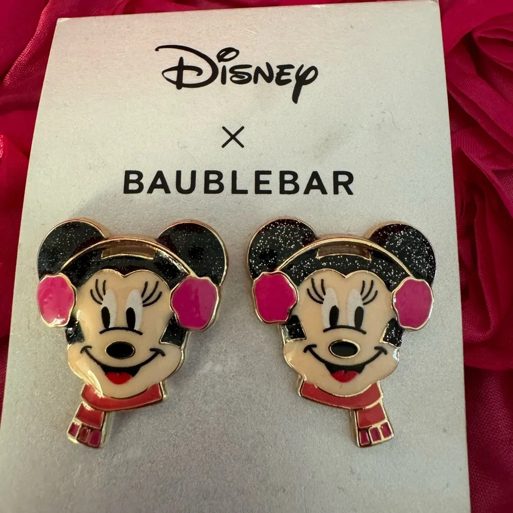 New Minnie Mouse Earrings Disney X Baublebar Studs with Pink Earmuffs
